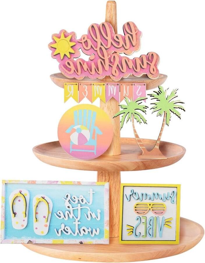 Allecto Plus Mini zomer houten bord set 12 stuks rustieke gelaagde lade decor meerkleurig zomer & strand thema tafelblad toebehoren