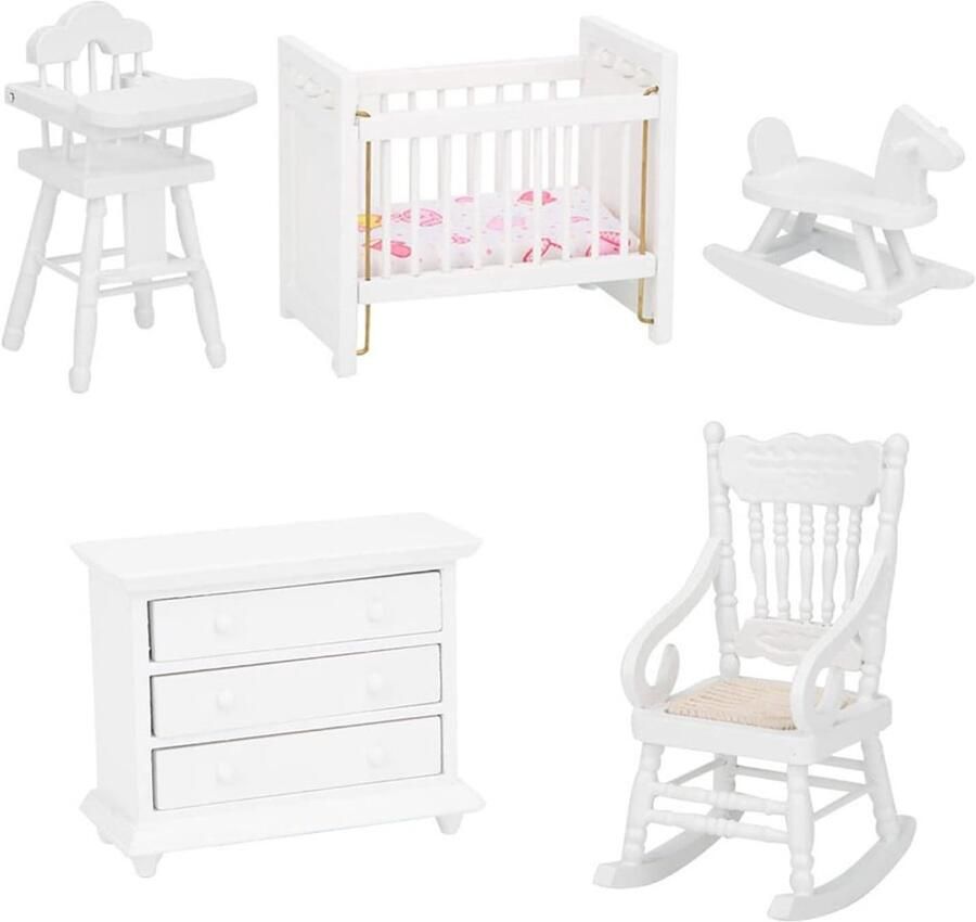 Allecto Plus Miniature Houten Eettafel Stoel Make-up Kaptafel Bank Kast Meubelset Wit voor 1:12 Poppenhuis