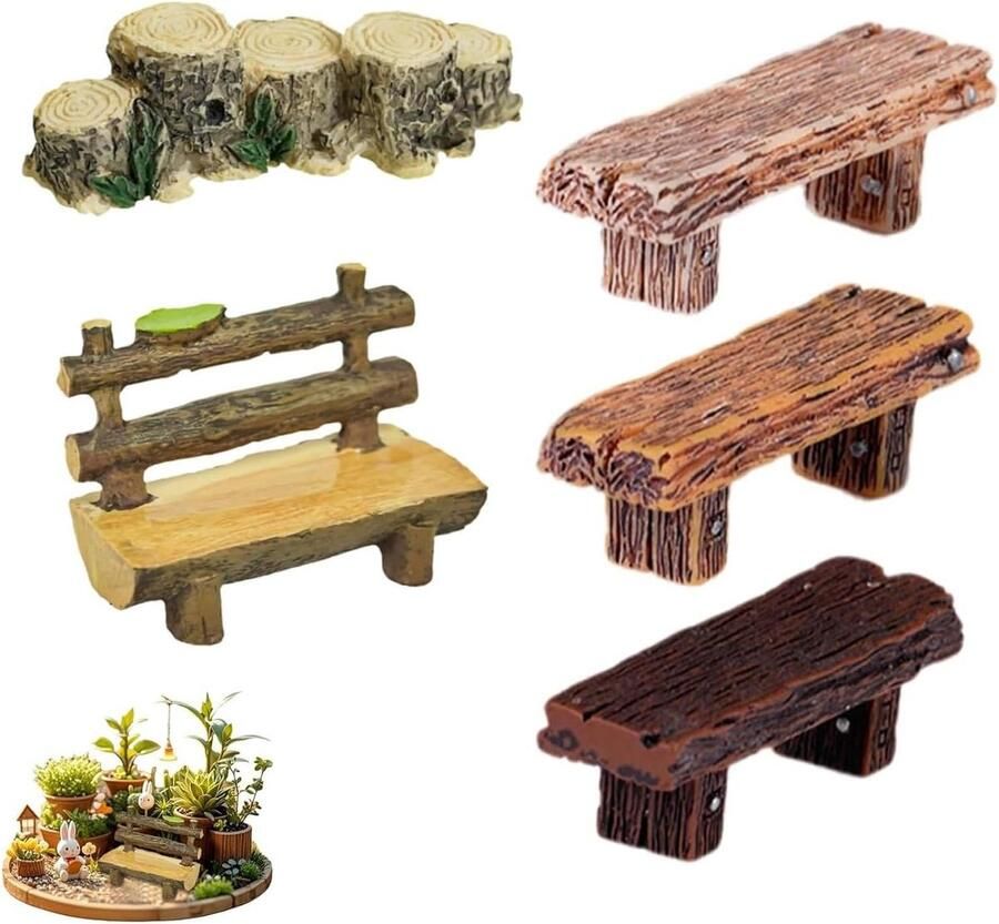 Allecto Plus Miniatuur Fairy Tuin Bank Ornamenten Houten Bank Brug en Stoelen DIY Decoratie Drie Kleuren Geschikt voor Mini Tuinen Schaal 1:12