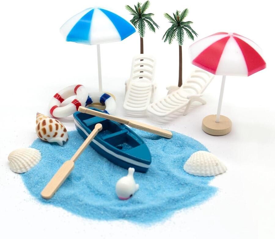 Allecto plus Miniatuur Strandlandschap met 16 Stuks Ornamenten Zomerse DIY Deco met Zeeschelpen Parasol en Stoel Verjaardagscadeau Amateursberoep