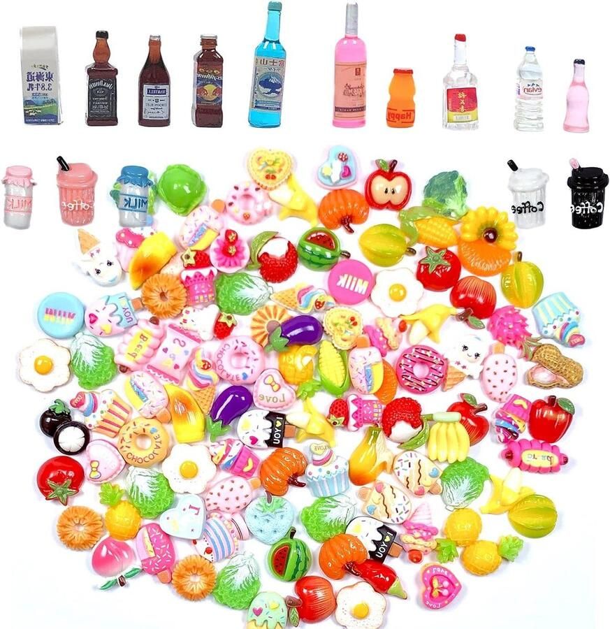 Allecto plus Miniatuur Voedsel Decoratie 120 Stuks Eten Drank Hars Wijnflessen Bierflessen Eettafel Decoratie Kleurrijke Sapflessen