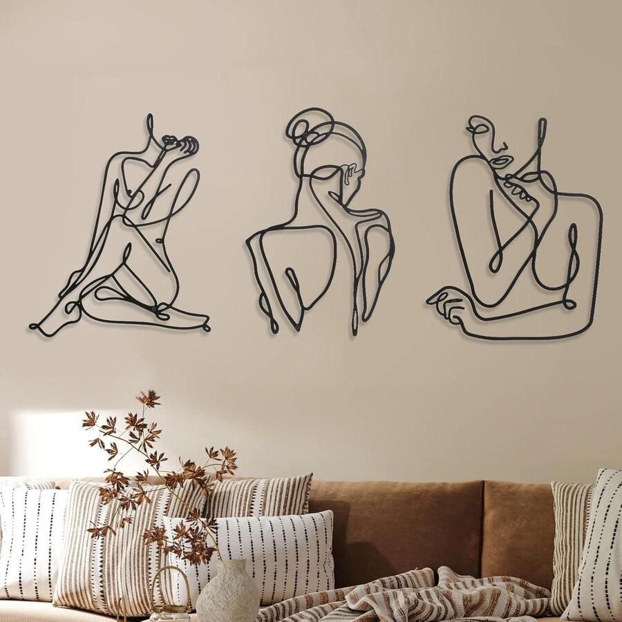 Allecto Plus Moderne Abstracte Vrouwelijke Metalen Muurdecoratie Set van 3 Minimalistisch Design Voor Slaapkamer Keuken en Badkamer Metaal Stijlvol Ophangen Kunstzinnige Lijntekening