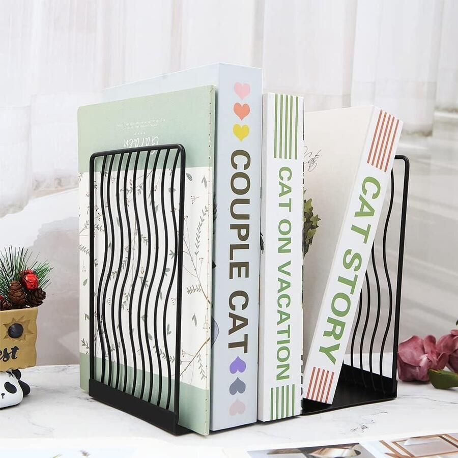 Allecto plus Moderne metalen boekensteunen voor bureau of planken Zwart L vorm Antislip Geometrisch design Thuis of op kantoor Boek organisator met golven Voor kinderen Decoratief 1 paar