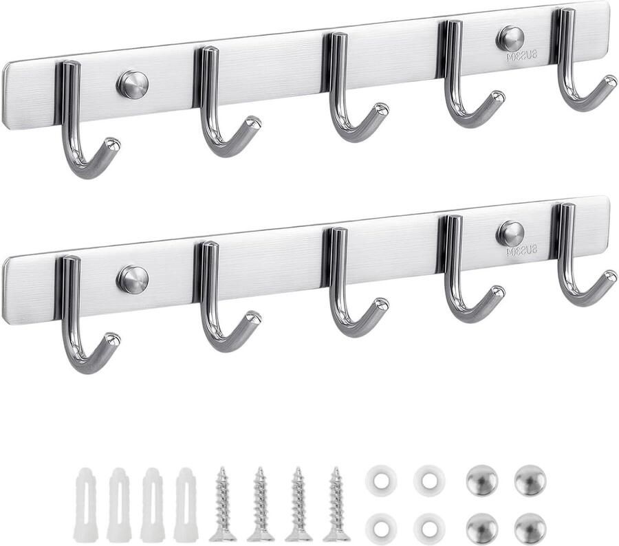 Allecto Plus Moderne wandkapstok met 5 inklapbare haken van roestvrij staal Set van 2 Wandgarderobe voor jassen mantels hoeden sjaals