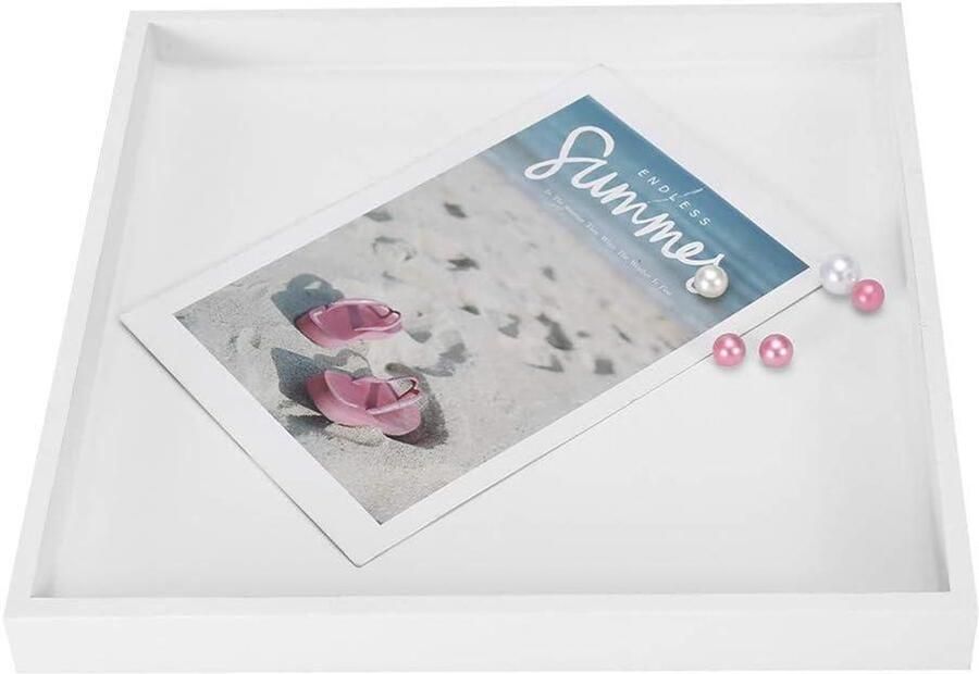 Allecto plus Multifunctioneel wit keramisch dienblad 17 cm Opbergorganisator voor bureau Sieraden voedsel en cosmetica Houten finish