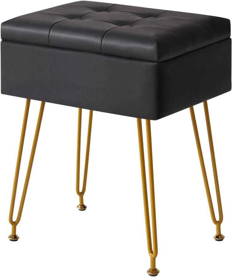 Allecto Plus Multifunctionele opbergkruk met klaptafelblad en verstelbare metalen poten Ottomaanse voetsteun voor make-up woonkamer entree Zwart PU-leer 40 x 30 x 48 cm WBD014B