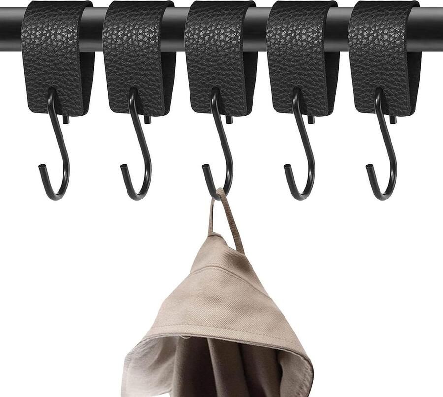 Allecto plus Multifunctionele S Haken zwart met leren lus 5 stuks voor garderobe en camping kledinghaken kledingstang stang zwart maat: 105 x 3 cm
