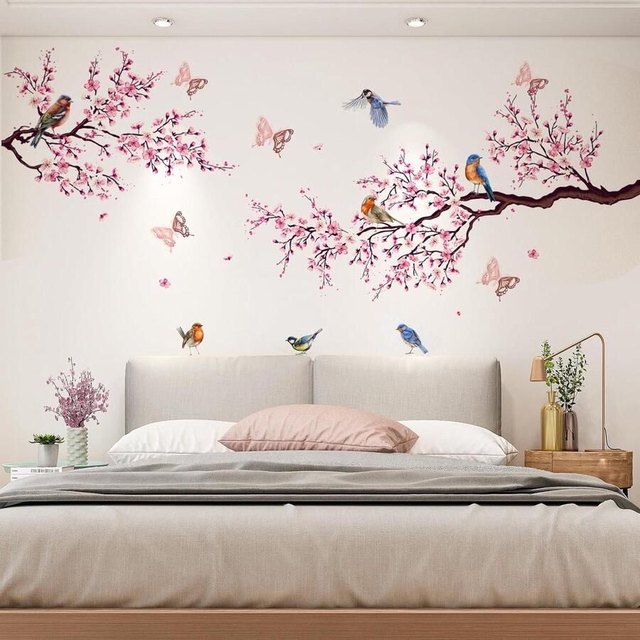 Allecto Plus Muursticker Bloesem Roze Vogels 3D Vlinders Woonkamer Slaapkamer Decoratie Wall Sticker Raam Bank 12 Stuks