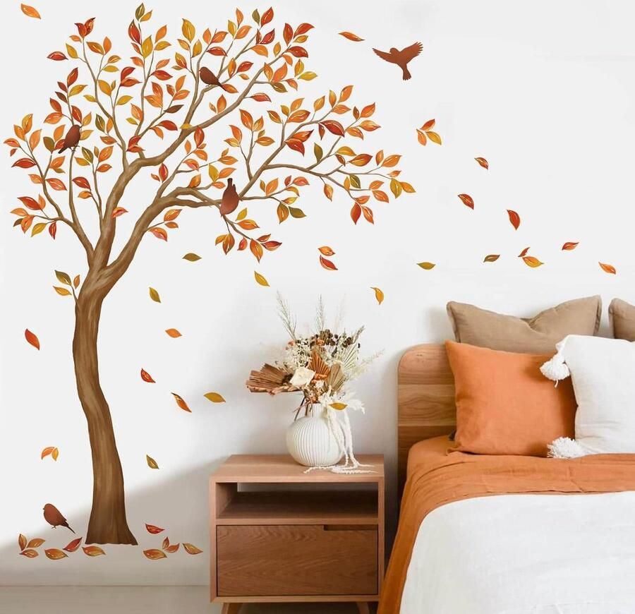 Allecto Plus Muursticker XXL voor woonkamer en slaapkamer Herfst bladeren en vogels Wanddecoratie voor bank en tv achtergrond Hoogte 170 cm