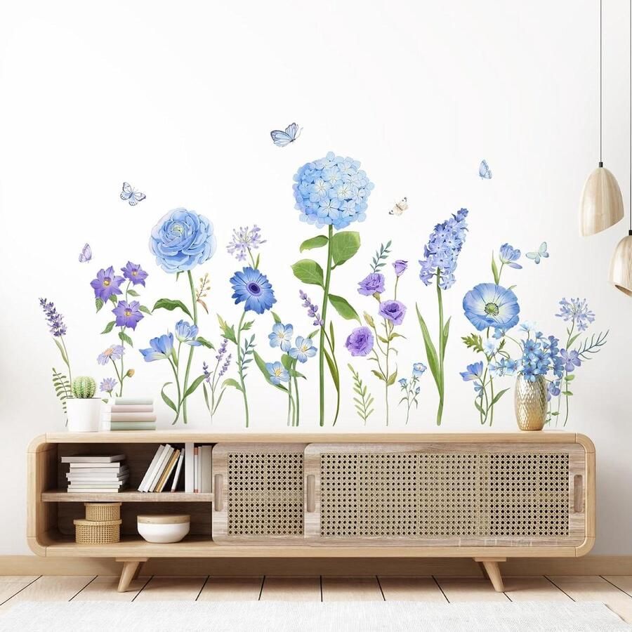 Allecto Plus Muurstickers bloemen en vlinders Blauw en paars Boho kunst Decor voor meisjes slaapkamer woonkamer kantoor tv bank Wilde bloem bloesem gras Schil en stik 84 characters