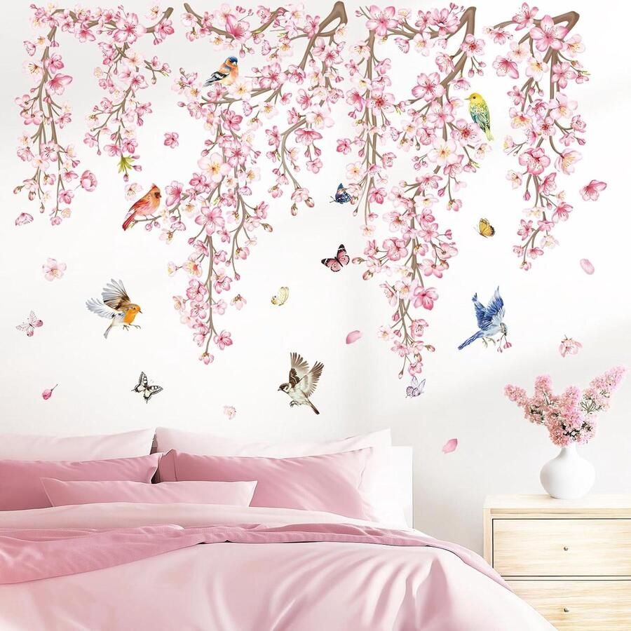 Allecto Plus Muurstickers Kersenbloesem Bloem Roze Vogels Tak Woonkamer Slaapkamer Decoratie Stickers voor Bank Kunst Decals Opknoping Bloemen Boom