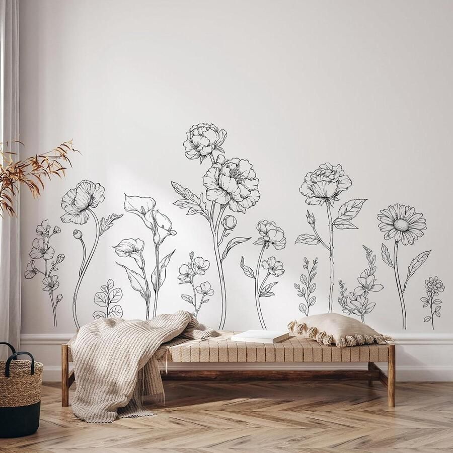 Allecto Plus Muurstickers Zwart-Wit Eenvoudige Bloemen Roos Madeliefje Meisjes Slaapkamer Woonkamer Kantoor TV Bank Achtergrond Bloemen Kunst Decoratie