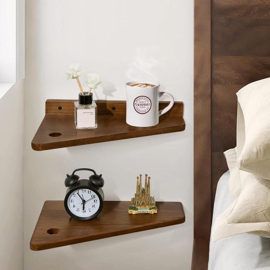 Allecto Plus Nachtkastje hout wandplank klein bruin slaapkamer woonkamer zolder zwevende organizer hangrek bekerhouder set van 2