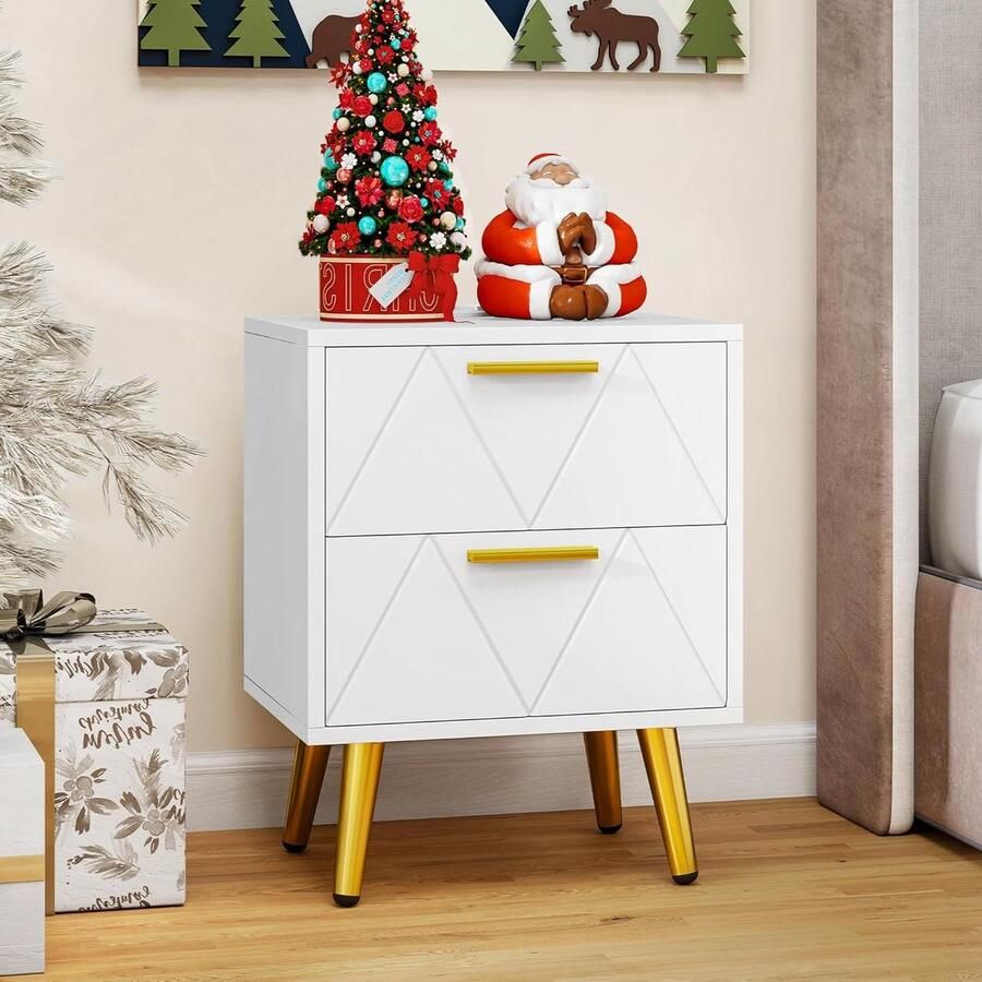 Allecto Plus Nachtkastje met 2 laden USB-poorten en stopcontacten Gouden metalen poten Bijzettafel voor woonkamer en slaapkamer 40 x 30 x 52 cm Wit