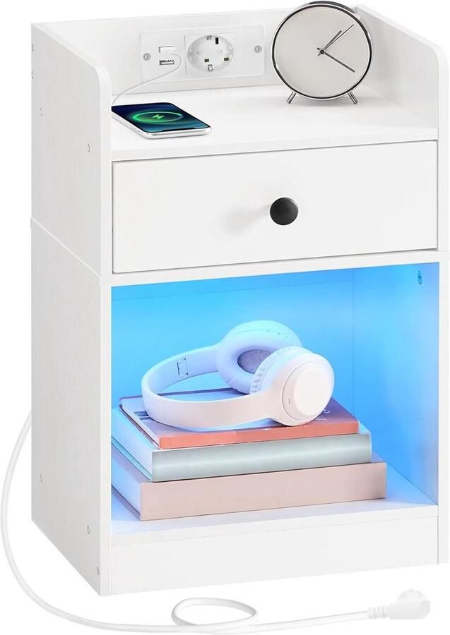 Allecto plus Nachtkastje met laadstation en ledverlichting bijzettafel met lade en stopcontact ideaal voor woon- en slaapkamer wit