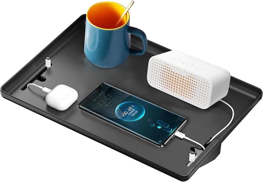 Allecto Plus Nachtkastje op te hangen aan bed Organizer voor stapelbed Rek voor hoogslaper Kabelhouder Clip-on bedplank Tablet opbergen Zwart