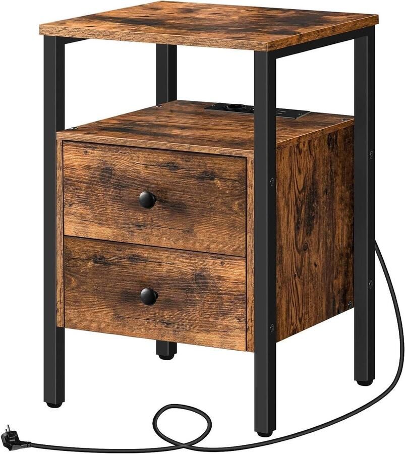 Allecto Plus Nachtkastje Salontafel met Stopcontacten en USB-poorten Bijzettafel met Laden en Legplank voor Kleine Ruimtes Eenvoudig te Monteren Vintage Stijl Woonkamer Slaapkamer Meubel