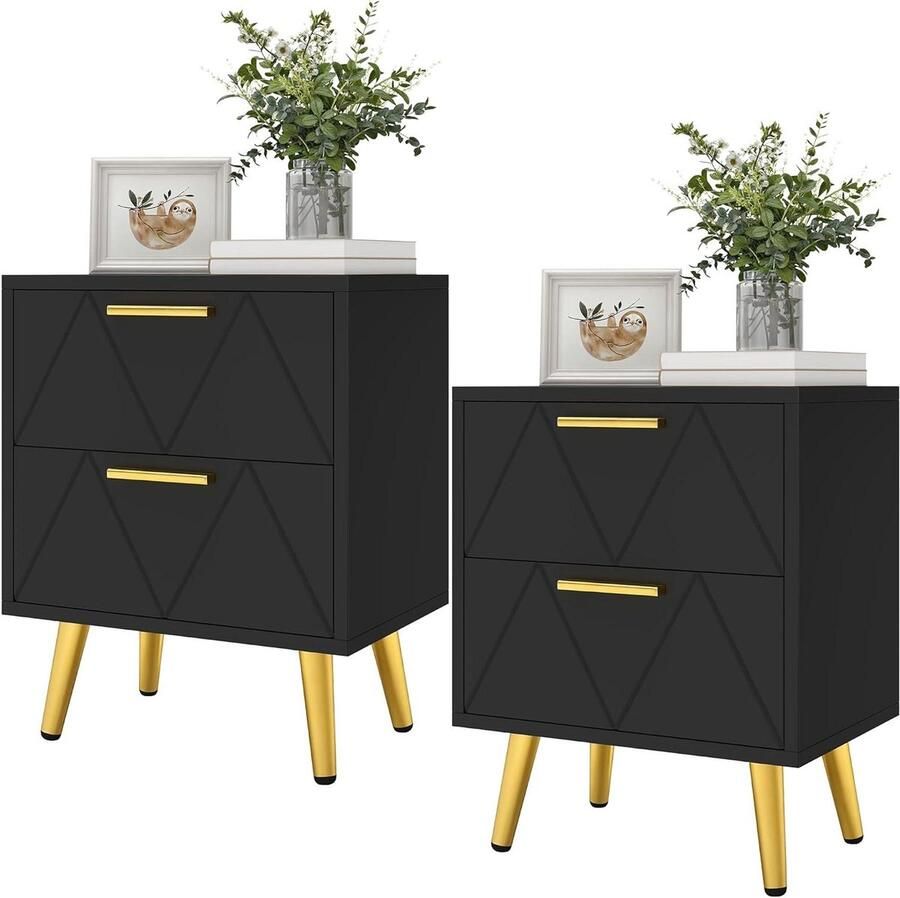 Allecto Plus Nachtkastjes Set van 2 Opbergkasten voor Woon- en Slaapkamer Zwart en Goud 40 x 30 x 52 cm