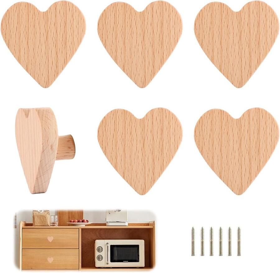 Allecto Plus Natuurlijke houten kastknoppen in hartvorm (6 stuks) Duurzame kastknoppen gemaakt van massief hout met natuurlijke textuur Creëer een natuurlijke sfeer in huis Decoratieve knoppen voor kasten