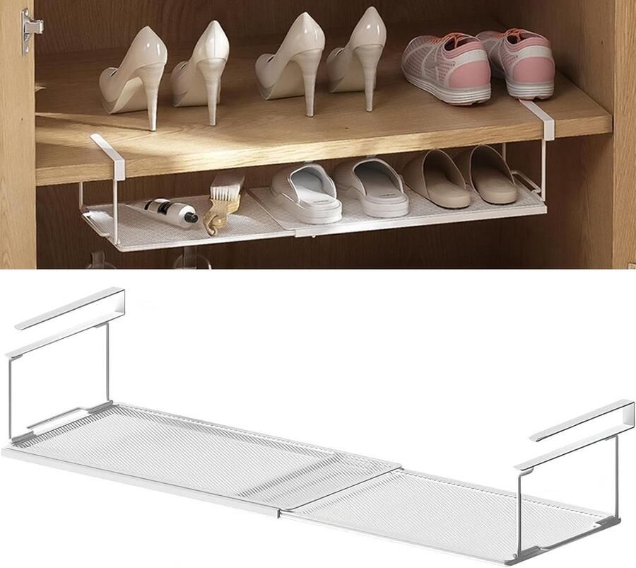 Allecto Plus Verstelbaar Metalen Onderrek Organiser Opbergrek 38-70 cm Draadrooster voor Keuken- en Schoenenkasten Kledingkasten Wit