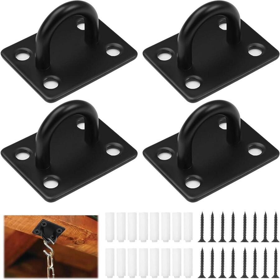 Allecto Plus Oogplaten Set van 4 stuks Roestvrij Stalen Oogplaat Wandhaken in Zwart Afmetingen 40 x 45 mm Inclusief Schroeven Voor Touwen Hangmatten Gymnastiekringen