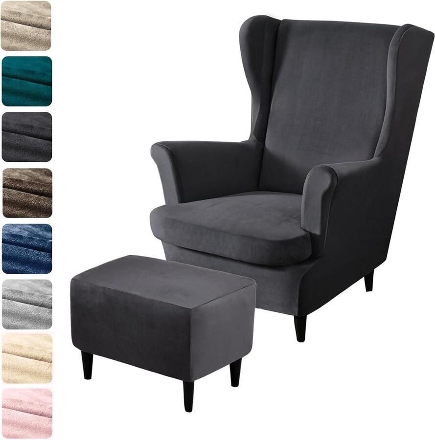 Allecto Plus 3-delige stretch fluwelen oorfauteuilhoes met voetenbankhoes Effen stoelovertrek Elastische stoelhoes Strandmotief Tijgerprint Stoelhoes met armleuning Hoge rugleuning Donkergrijs