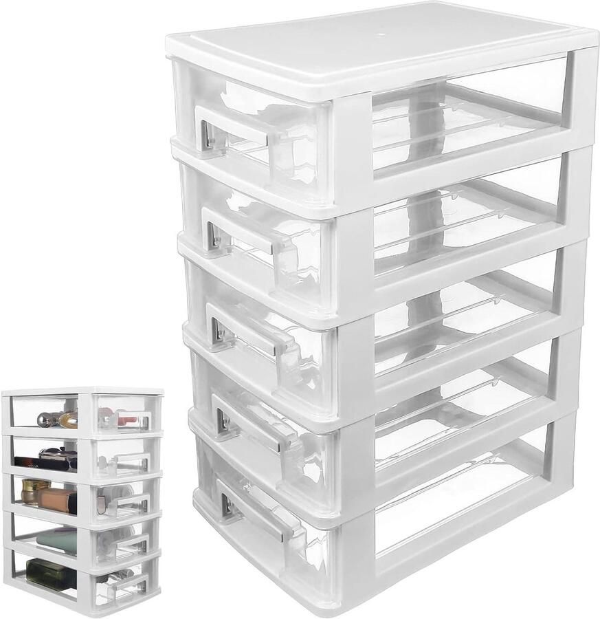 Allecto Plus Opbergbox met 5 schuifladen en ruimtebesparende bureau-organizer voor knutselgereedschap