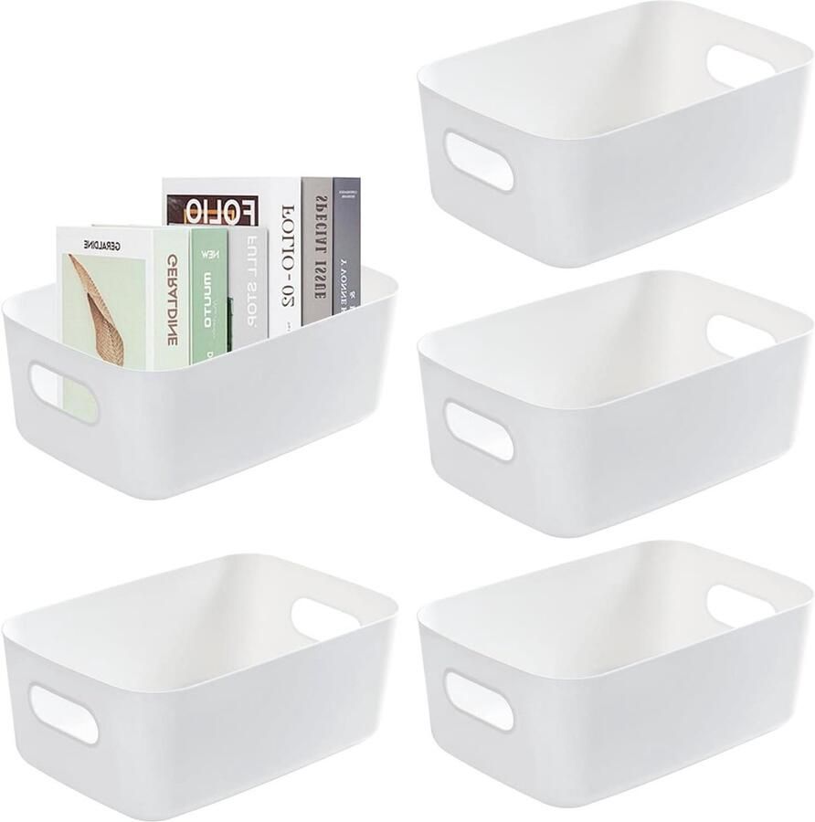 Allecto Plus Opbergdoos met handvat Wit Stapelbare opbergmand Geschikt voor keuken badkamer kledingkast kantoor 30x20.5x12.5cm