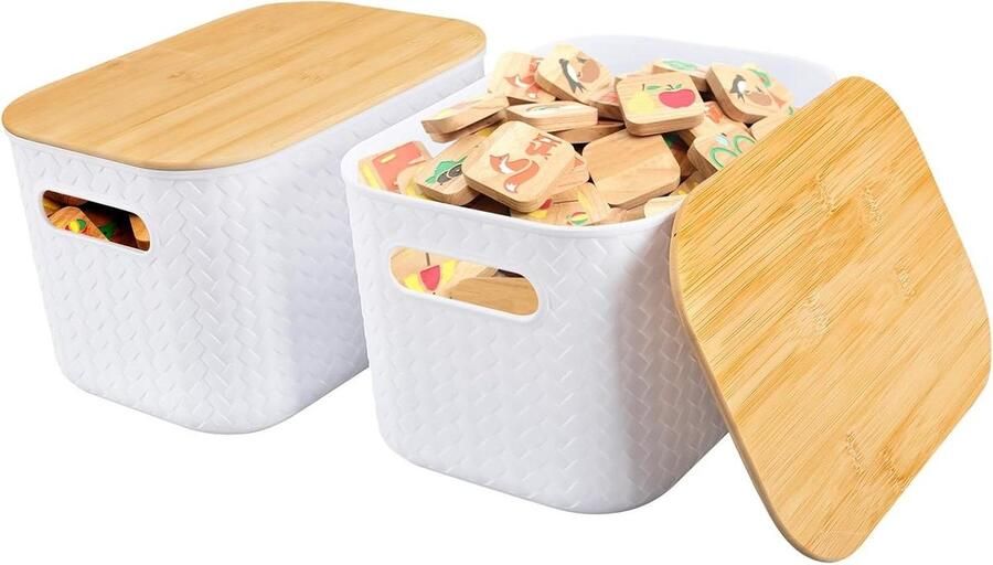 Allecto Plus Opbergdozen van bamboe kunststof Opbergmand met handgrepen Stapelbare opbergdozen voor keuken slaapkamer badkamer 255 x 18 x 15 cm Wit