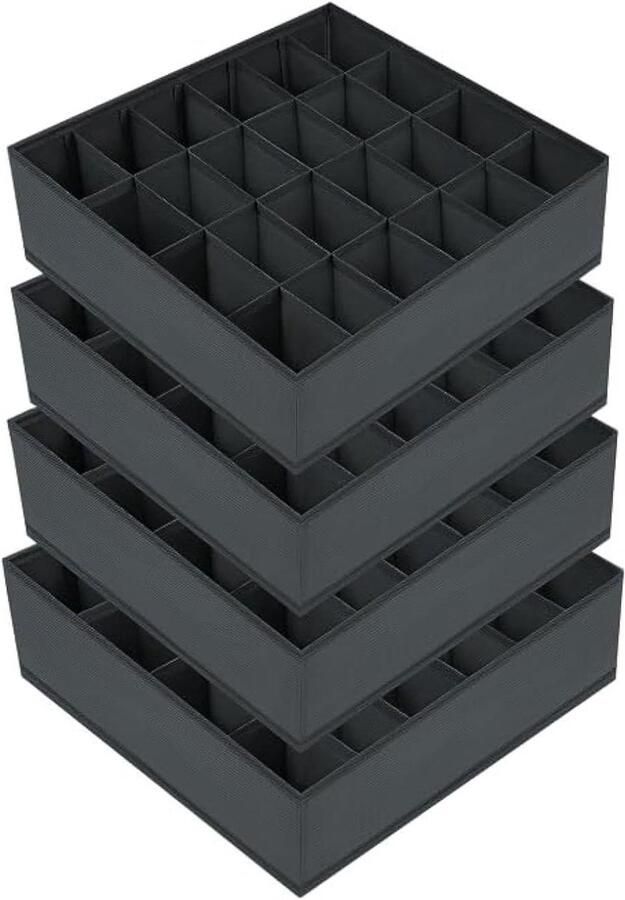 Allecto Plus Opbergdozen voor Sokken en Ondergoed 24 Compartimenten Set van 4 Opvouwbaar Ladeverdeler Ladeorganizer Stoffen Dozen voor Sokken opbergen Donkergrijs