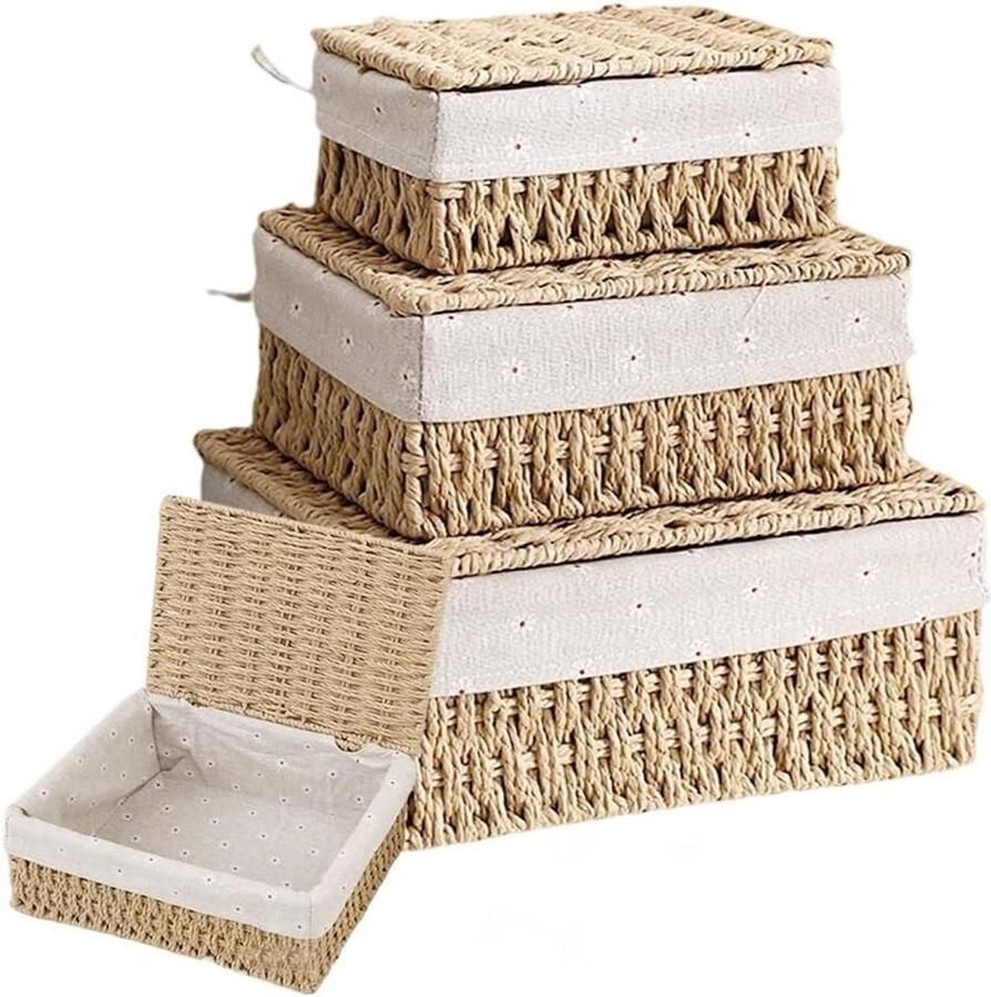 Allecto plus Opbergmand Set van 3 maten met deksel Handgeweven Papieren badkamermand Voor badkamer en make-up Tafelblad kast