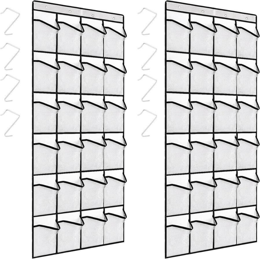Allecto Plus Opbergrek met 48 Mesh Zakken en 8 Haken voor Schoenen Wit Organisator voor Garderobe en Slaapkamer Hangend aan Deur 144x50cm