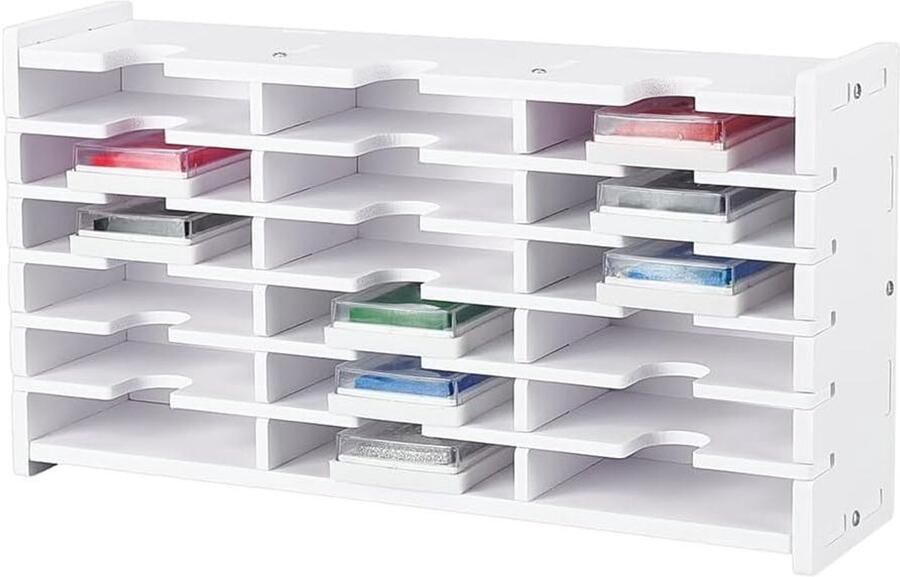 Allecto Plus Opbergrek voor Inkt Pads 18 Vakken Opbergdoos voor Stempels Wit Desktop Organiser voor Ambachten Stapelbaar en Wandmontage 33x17.6x8.3cm