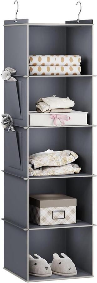 Allecto Premium Opbergrek met 5 Planken en Zijzakken voor Kleding Grijs Garderobe Organizer met Opvouwbare Hangende Planken