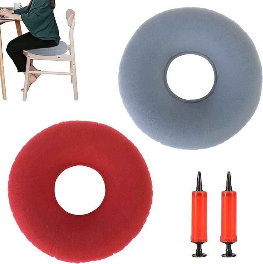 Allecto Plus Opblaasbare Donutzitkussens 2 stuks Ringvormig Zitkussen met Pomp Rood Grijs Geschikt voor Auto's Banken Kantoren en Rolstoelen