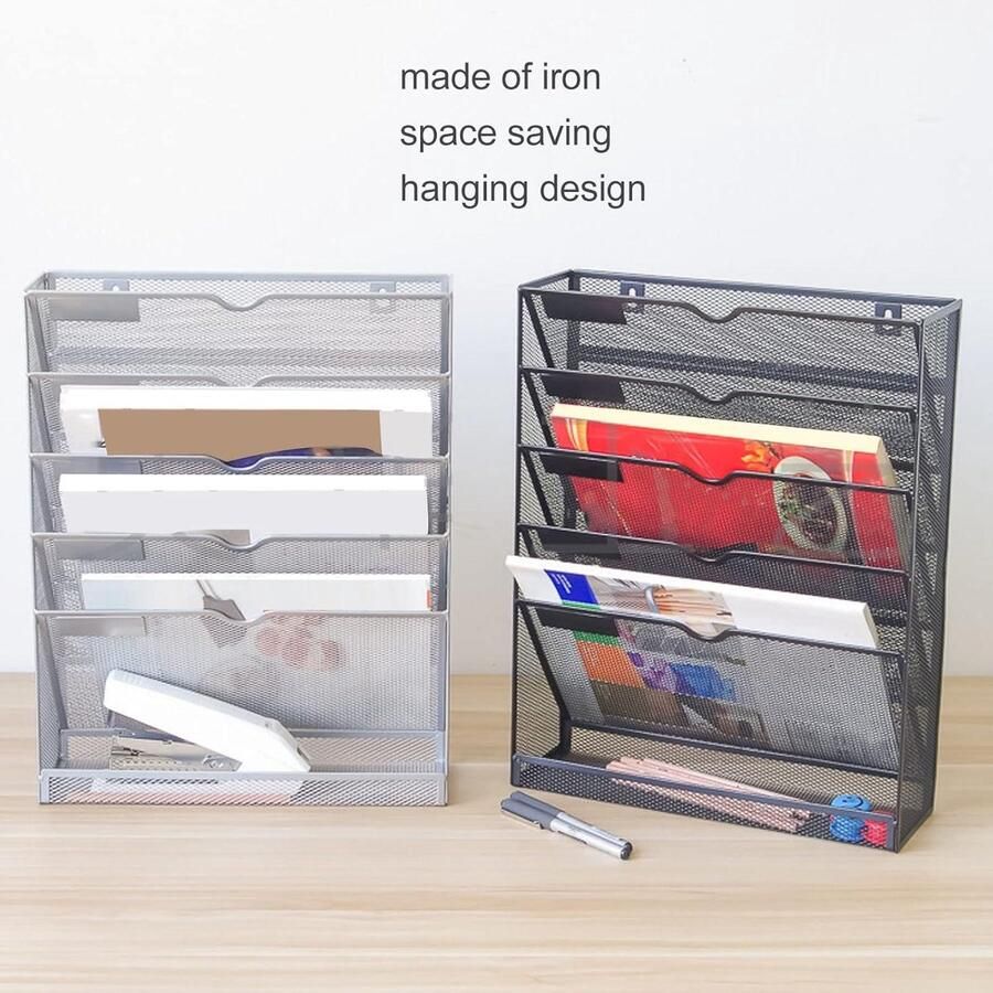 Allecto plus Opknoping Bestandsorganizer voor Bureau en Muur 5 Tier Verticaal Mesh Kantoor Brief Ijzeren Metaal Werkruimte Organisator