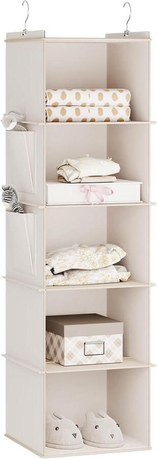 Allecto plus Opknoping Kast met 5 Planken en Zijzakken Beige Garderobe Opslag Organizer
