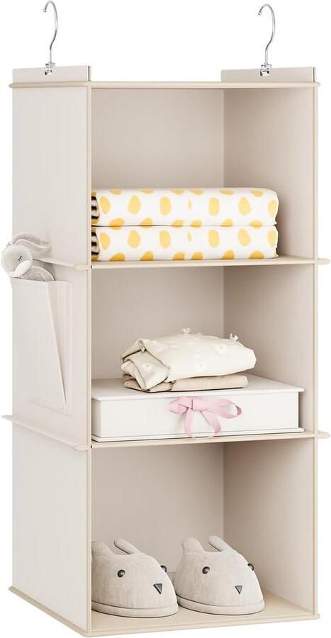 Allecto Premium Opknoping Opbergrek met 3 Planken en Zijzakken Opvouwbaar Garderobe Organisator voor Kleding Beige Kleur