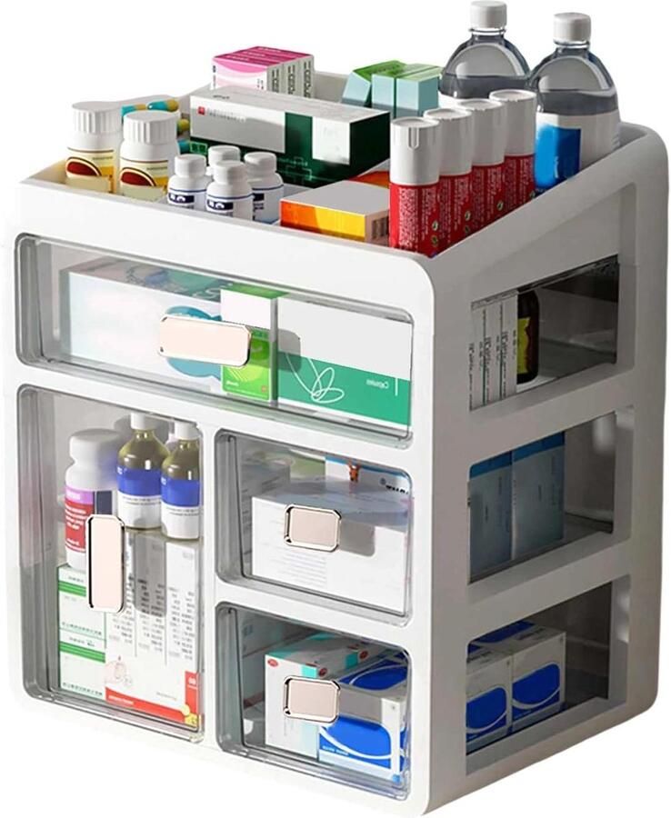 Allecto Plus Opslagdoos voor Medicijnen en Vitaminen Plastic Opbergbox voor Familie Geneeskunde 4 Lagen Organizer Shelf Holder voor Flessen Medische Kast Rack Opslag