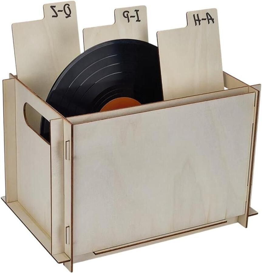 Allecto plus Opslagkist voor grammofoonplaten 24 5 x 25 4 x 38 cm Vinyl platenhouder van hout Licht gouden kleur Rechthoekige opbergdozen met gatgrepen Stijlvolle opslagoplossing