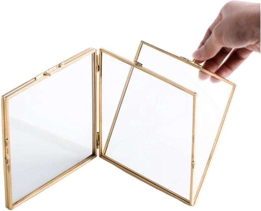 Allecto Plus Opvouwbare fotolijst voor bureau of tafel Gouden dubbele fotolijst met glazen voorkant Verticale displayhouder met ornament clip Geschikt voor 3x4 of 5x3.5 foto's Metalen frame Dubbele pagina's 35 x 5 inch