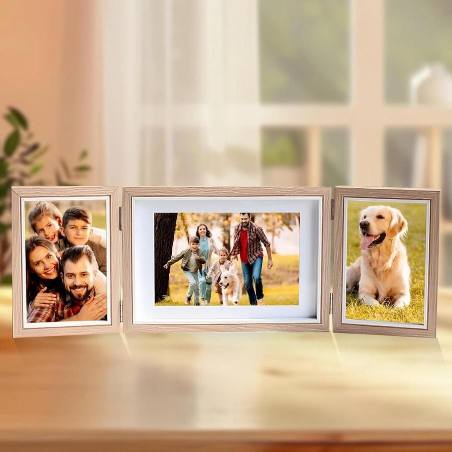 Allecto Plus Opvouwbare fotolijsten voor 3 foto's in moderne houten frame 10x15 & 13x18cm scharnier fotolijst glasplaat meervoudige fotolijst voor bureau & bruiloft verzamelfoto's op foto display standaard