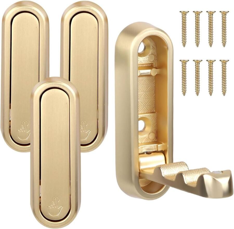 Allecto plus Opvouwbare Gouden Wandhaken Set van 4 Voor Badkamer Keuken Kast Hal Zinklegering Wandhaken voor Handdoeken Badjassen Tassen