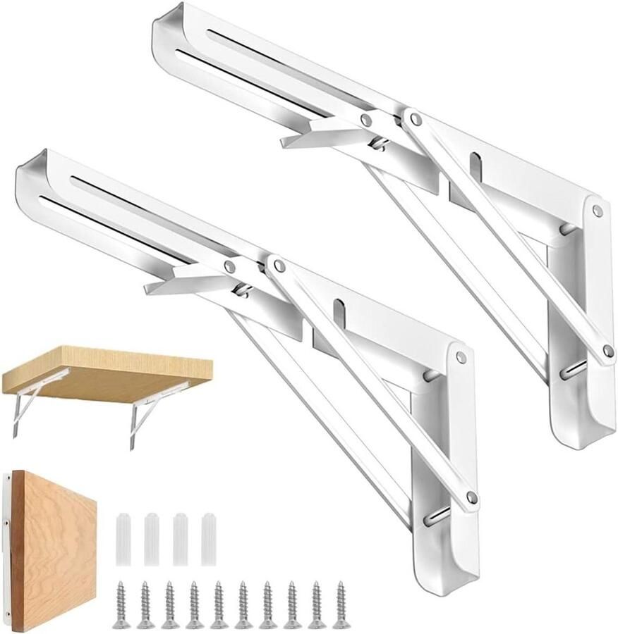 Allecto Plus Opvouwbare hoeksteun voor zware belasting 200 mm roestvrijstalen hoekplank wit Draagvermogen: xxx kg voor werkbanken en planken Ruimtebesparend in huiselijke omgeving (2 stuks)