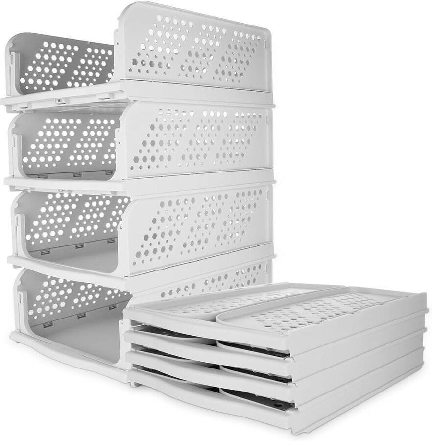 Allecto Plus Opvouwbare Kledingkast Opbergdozen Set van 4 Stuks Stapelbaar Kunststof Opvouwbaar Wit 43 x 33 x 18.5 cm
