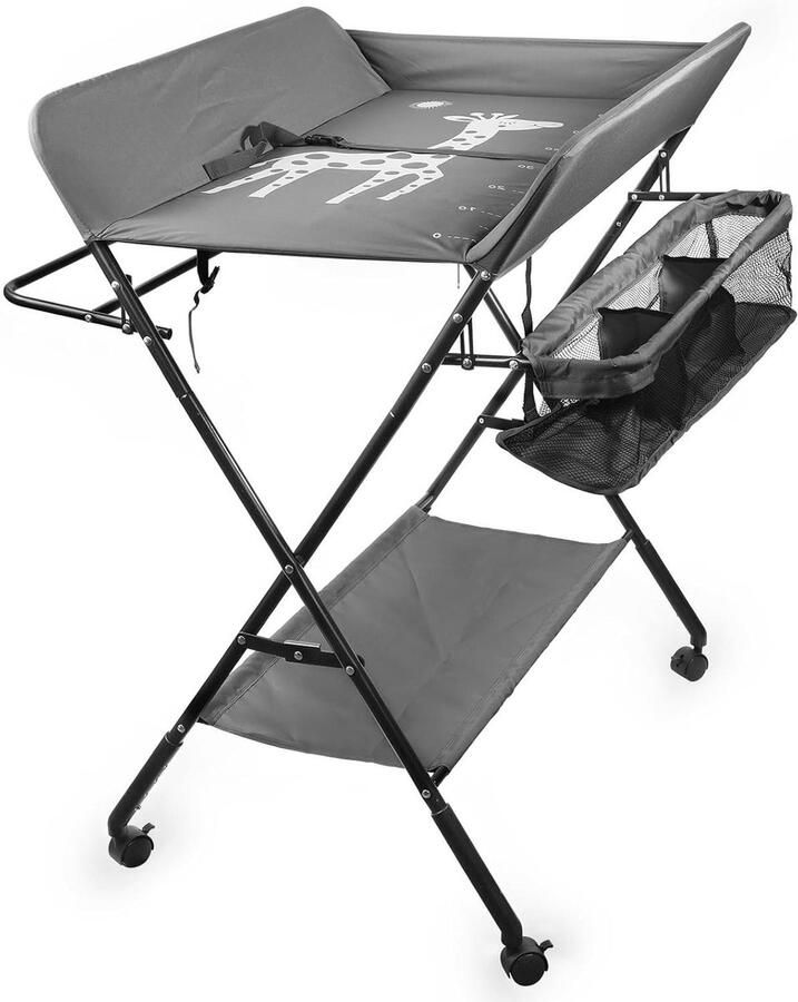 Allecto Plus Opvouwbare Baby Verzorgingstas met Wielen Luierstation Verstelbare draagbare Commode voor Baby met Onderste Rek Zijmand Kledingrek (Grijs)