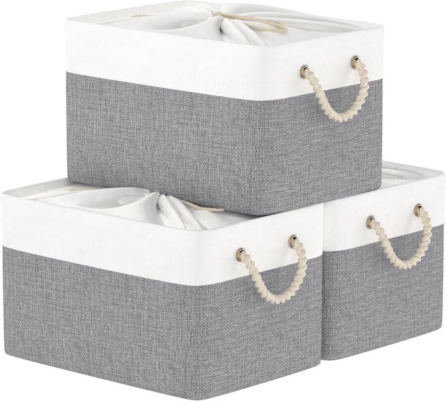 Allecto plus Opvouwbare Opbergmanden met Koorddeksel en Handvatten voor Kast en Plank Wit Grijs Set van 3 33x23x20cm
