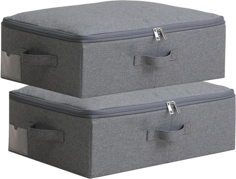 Opvouwbare Opslagcontainers met Zacht Ritsdeksel Set van 2 52 x 36 x 16 cm Zwart Grijs Stofdicht en Wasbaar Voor Planken en Kasten. Oppruimers voor Kledingkast met Afmetingen