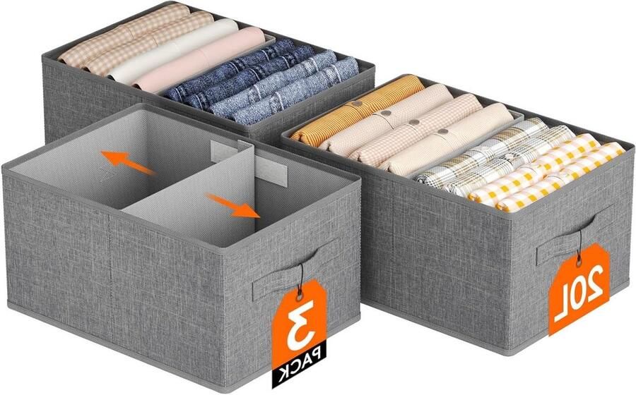 Allecto Plus Opvouwbare Opslagset 3-pack met Verdeler en Handvat Ideaal voor Kleding Speelgoed en Documenten 38x26x20 cm Voor Slaapkamer Garderobe en Kantoor