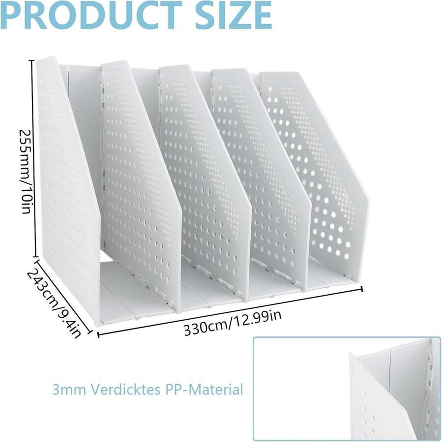 Allecto Plus Opvouwbare tijdschriftenhouder A4 lichtgrijs met 4 vakken voor kantooropslag. Gemakkelijke organisatie. inklapbaar papiermagazijn voor bureau
